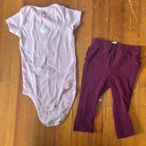 Pink onsie with bunny embroidered on front with purple leggings. 12 month